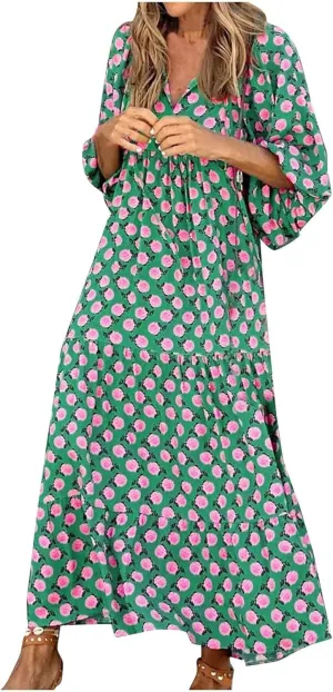Dresses for Women Summer Boho Loose Fit Sundress Puff Half Sleeve V Neck Maxi Dress Printed Floral Dresses 2025