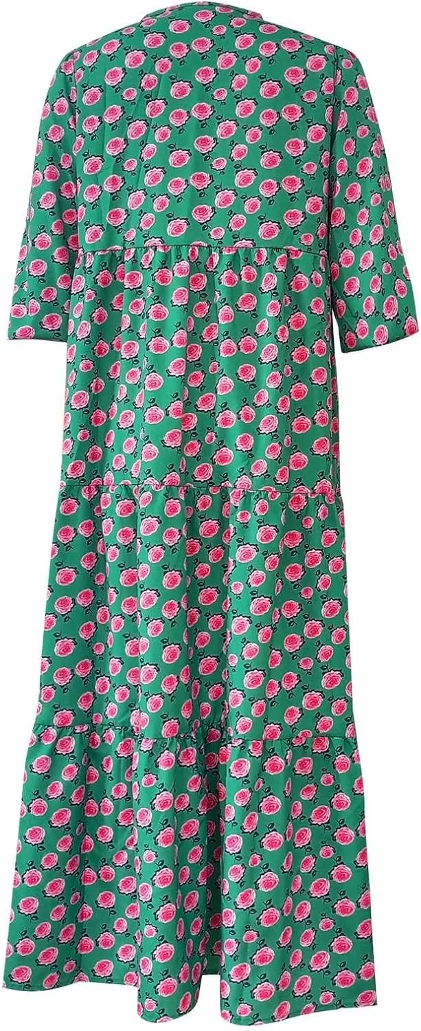 Dresses for Women Summer Boho Loose Fit Sundress Puff Half Sleeve V Neck Maxi Dress Printed Floral Dresses 2025