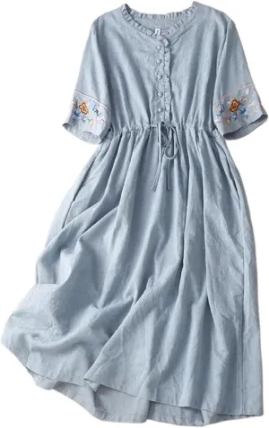 Dresses for Women Vintage Casual Dress Short Sleeve Draw String Office Lady Work Dress Long Dresses 2025