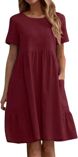 Dresses for Women Vintage Dress Cotton Linen Casual Loose Fit Short Sleeve V Neck Dresses Solid Color Sundress
