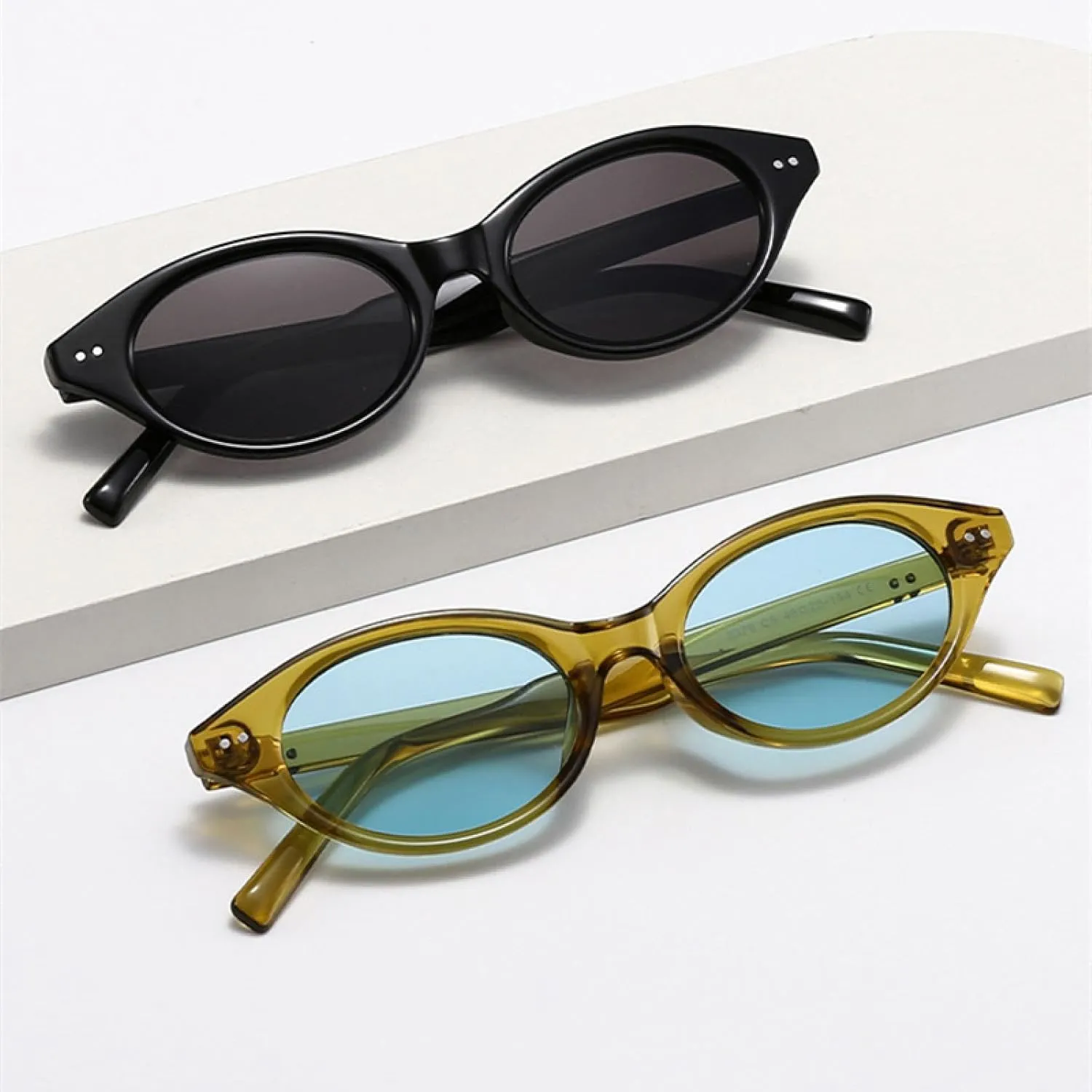 Fashion Small Cat Eye Sunglasses Women Retro Rivets Shades Uv400 Men Trending Green Tea Oval Lens Sun Glasses