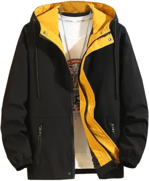 Finelylove Mens Jacket with Hood,Water Resistant Windbreaker Jackets Outdoor Patchwork Hooded Spring/Fall Jacket Fashion