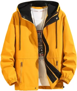 Finelylove Mens Jacket with Hood,Water Resistant Windbreaker Jackets Outdoor Patchwork Hooded Spring/Fall Jacket Fashion