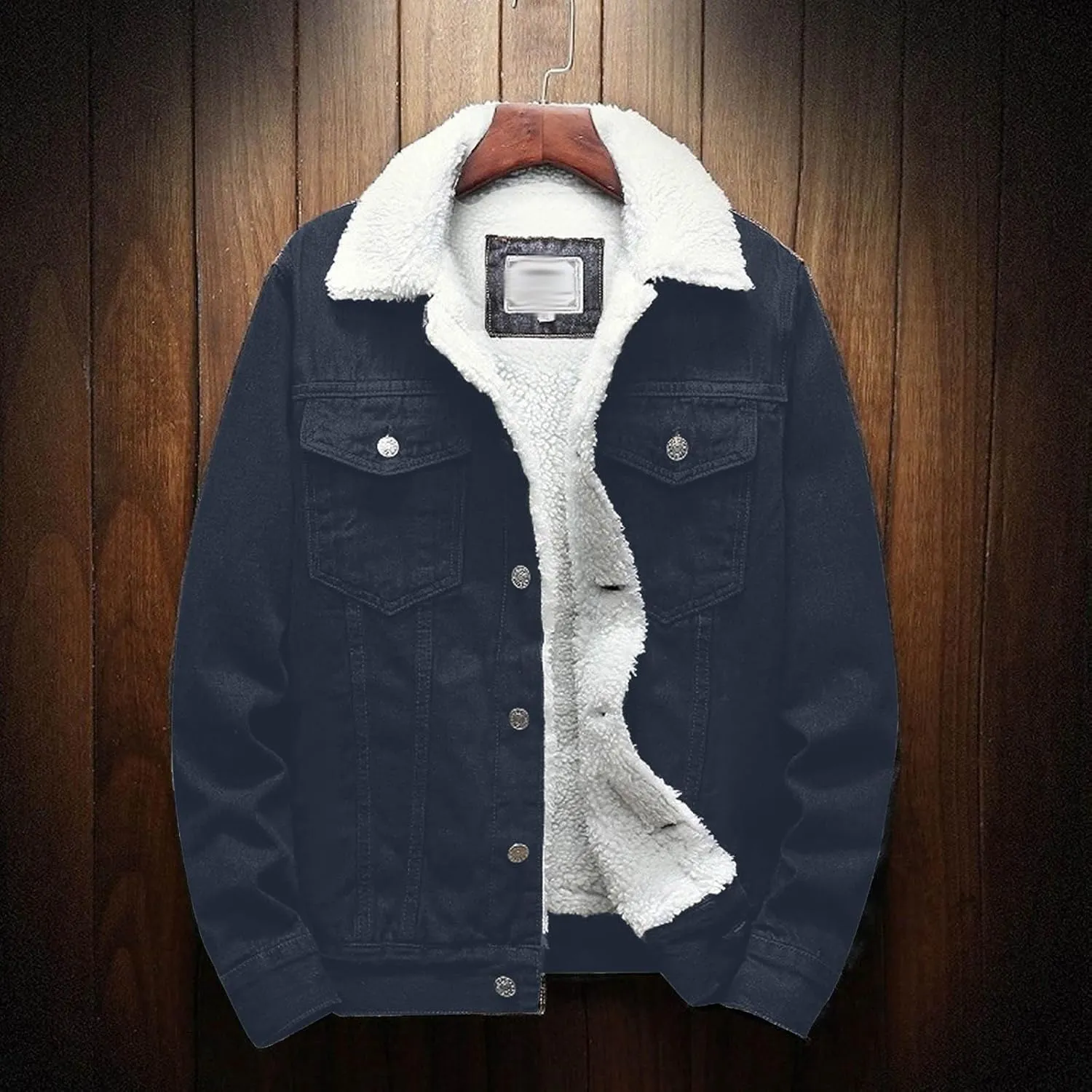 Finelylove Mens Sherpa Fleece Jean Jacket Thicken Denim Trucker Jacket Lapel Neck Warm Fall Winter Coat Windbreaker