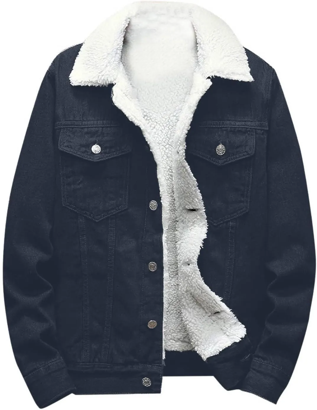 Finelylove Mens Sherpa Fleece Jean Jacket Thicken Denim Trucker Jacket Lapel Neck Warm Fall Winter Coat Windbreaker