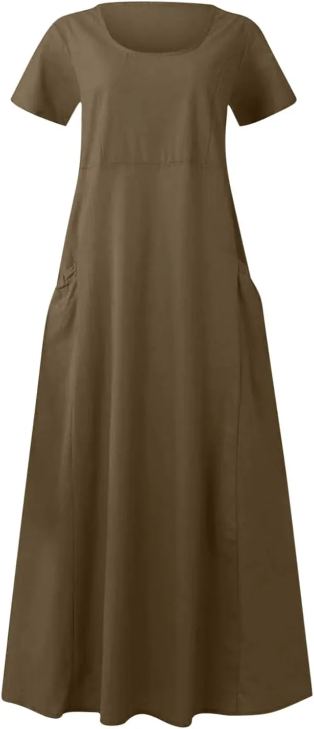 Finelylove Summer Dresses for Women 2025 Casual Flowy Midi Linen Dresses Short Sleeve Bohemian Beach Dress Gauze Sundress