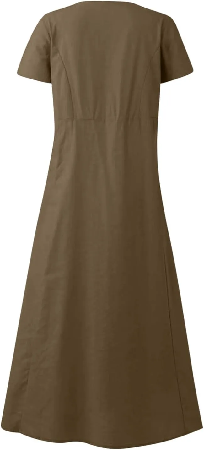 Finelylove Summer Dresses for Women 2025 Casual Flowy Midi Linen Dresses Short Sleeve Bohemian Beach Dress Gauze Sundress