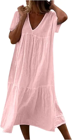 Finelylove Women's Casual Summer Dresses V Ncek Linen Shift Dress Loose Fit Comfy T-Shirt Dress Midi Beach Veacation Sundress