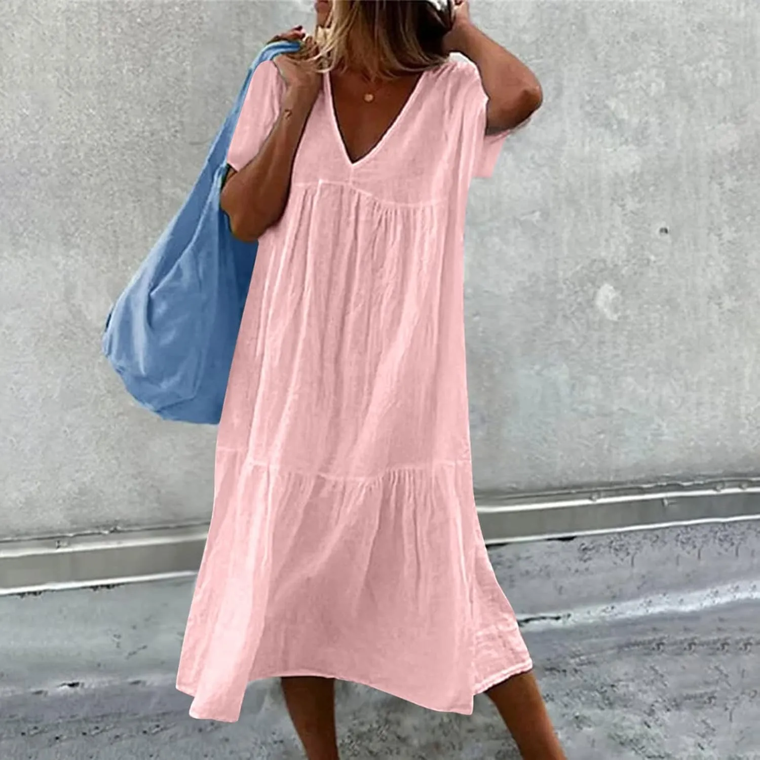 Finelylove Women's Casual Summer Dresses V Ncek Linen Shift Dress Loose Fit Comfy T-Shirt Dress Midi Beach Veacation Sundress