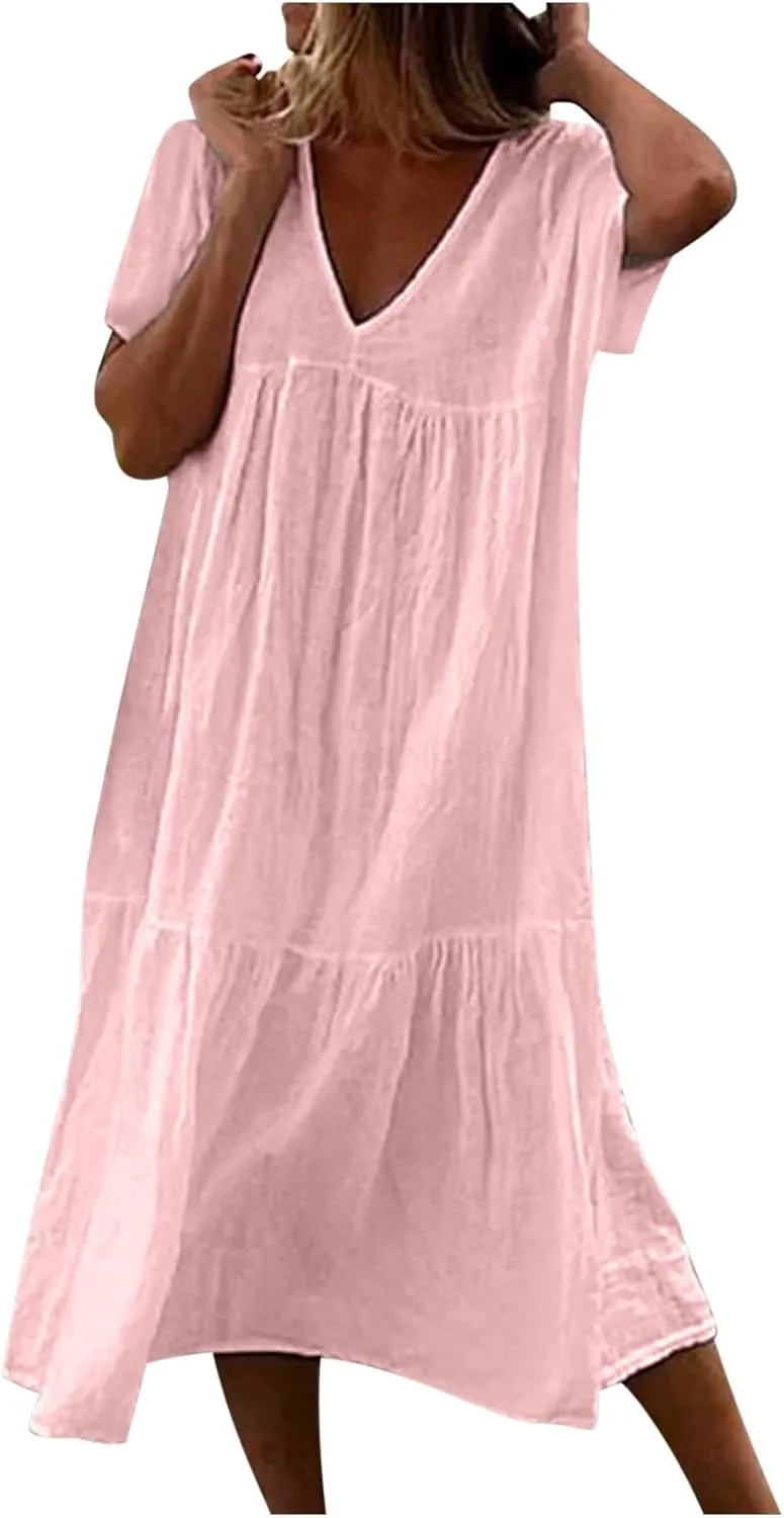 Finelylove Women's Casual Summer Dresses V Ncek Linen Shift Dress Loose Fit Comfy T-Shirt Dress Midi Beach Veacation Sundress