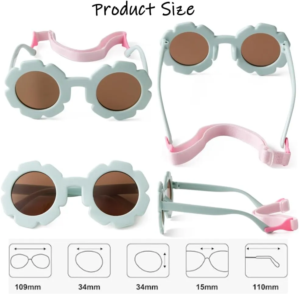 Flexiable Bendable Polarized Flower Baby Sunglasses with Straps for Newborn Infant Girls Boys Age 0-24 Months