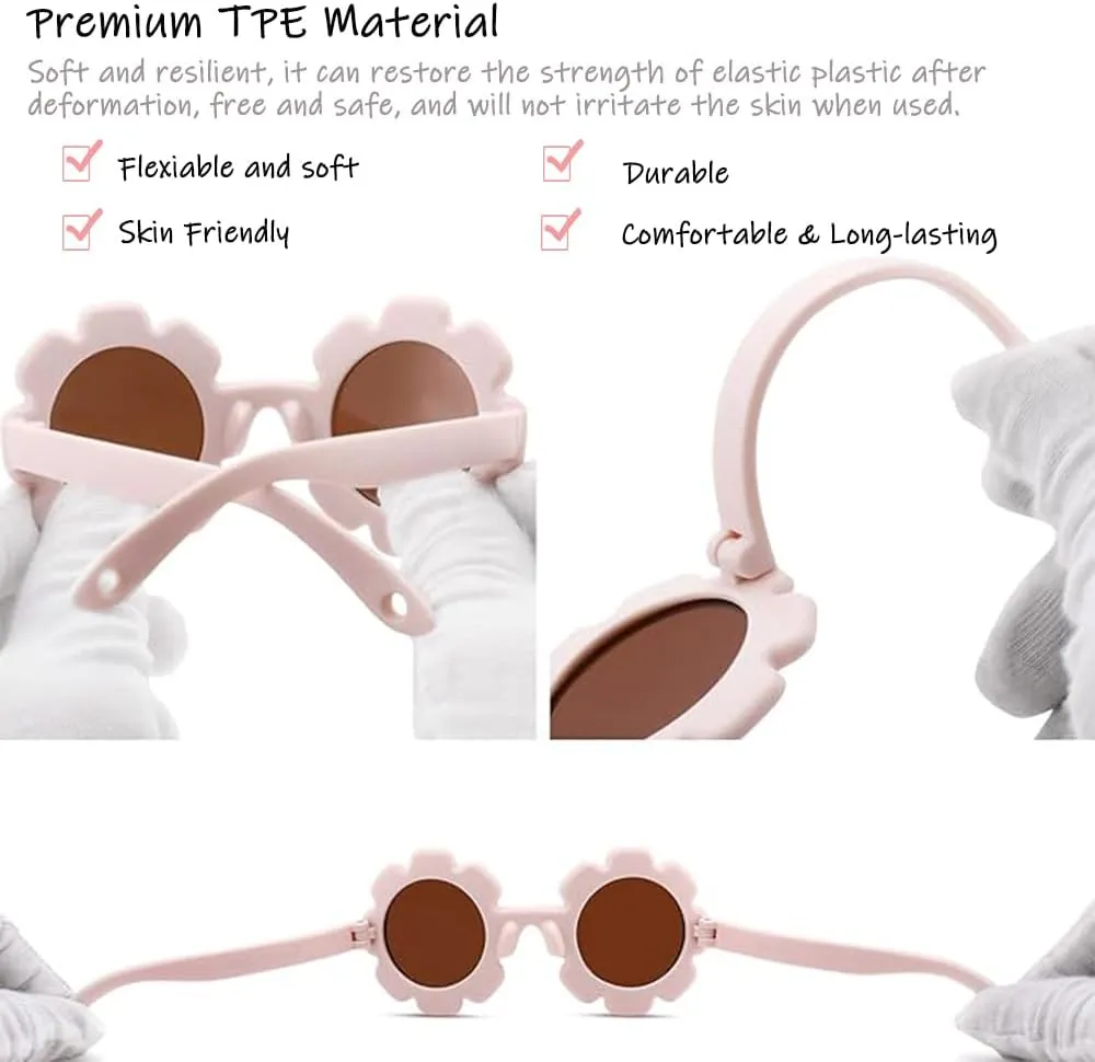 Flexiable Bendable Polarized Flower Baby Sunglasses with Straps for Newborn Infant Girls Boys Age 0-24 Months