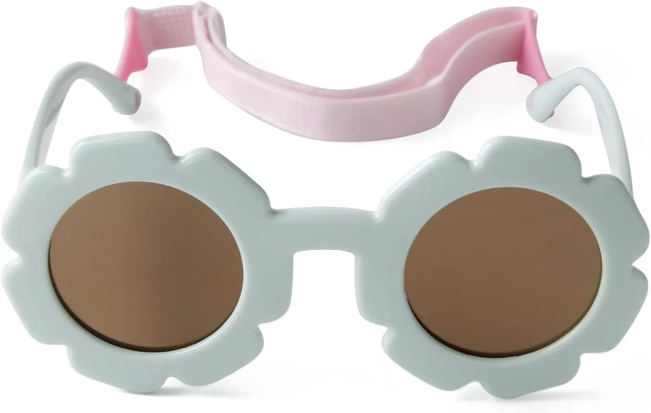 Flexiable Bendable Polarized Flower Baby Sunglasses with Straps for Newborn Infant Girls Boys Age 0-24 Months