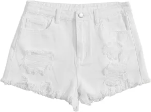 Floerns Girls Ripped Raw Trim Shorts High Waist Straight Leg Denim Shorts
