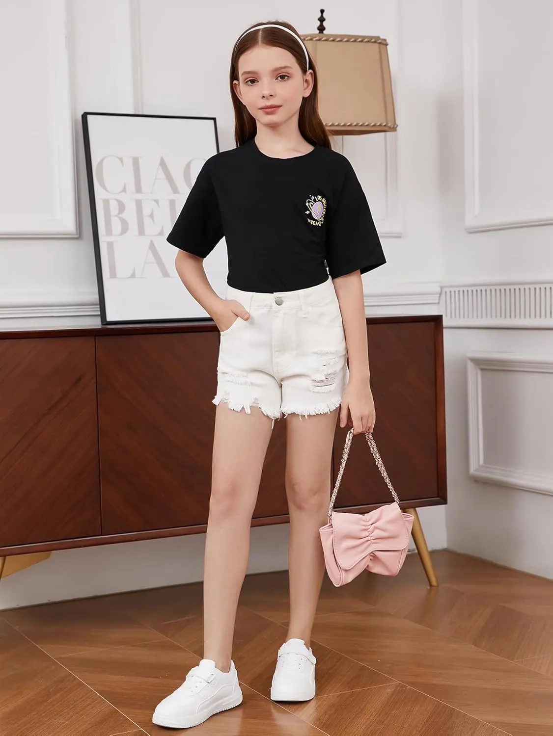 Floerns Girls Ripped Raw Trim Shorts High Waist Straight Leg Denim Shorts