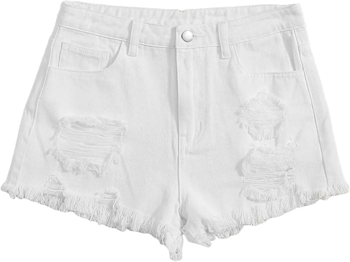 Floerns Girls Ripped Raw Trim Shorts High Waist Straight Leg Denim Shorts