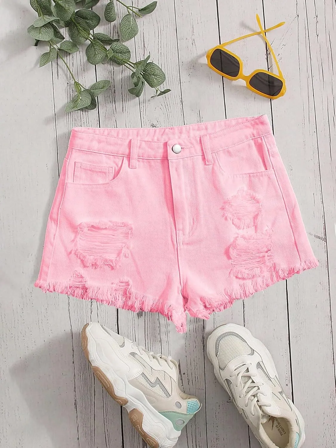 Floerns Girls Ripped Raw Trim Shorts High Waist Straight Leg Denim Shorts