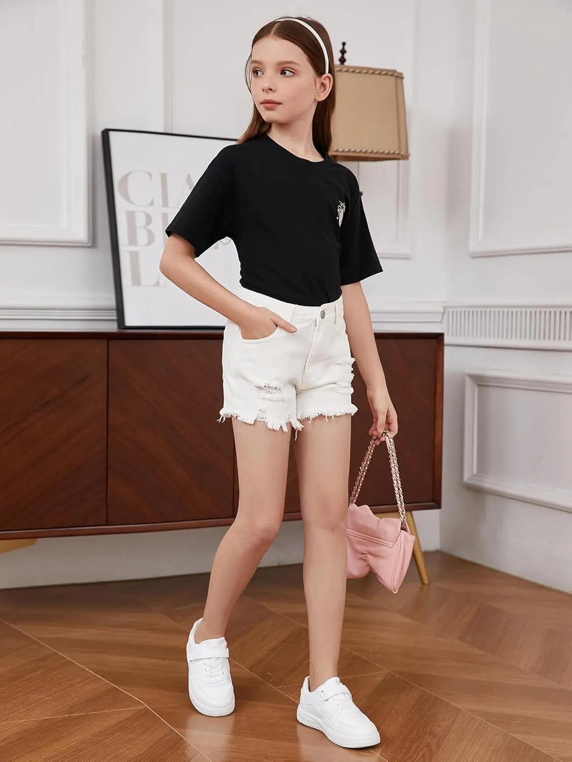 Floerns Girls Ripped Raw Trim Shorts High Waist Straight Leg Denim Shorts