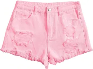 Floerns Girls Ripped Raw Trim Shorts High Waist Straight Leg Denim Shorts