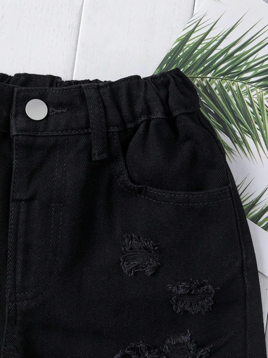 Floerns Girls Ripped Raw Trim Shorts High Waist Straight Leg Denim Shorts