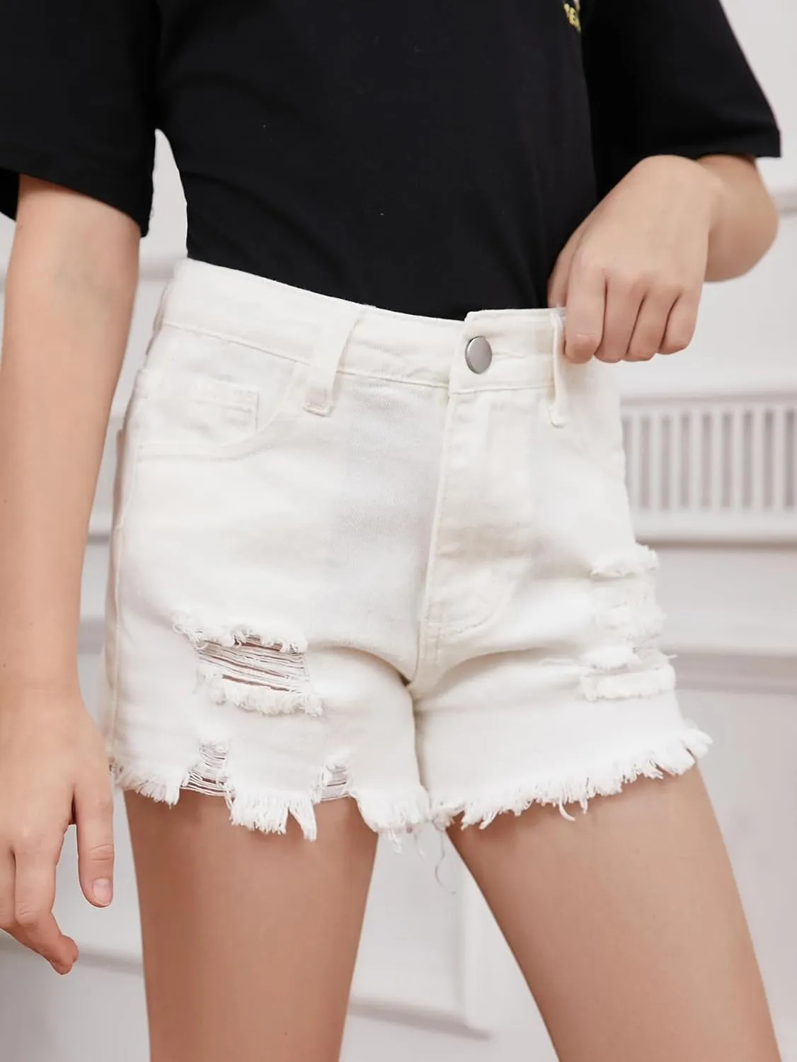Floerns Girls Ripped Raw Trim Shorts High Waist Straight Leg Denim Shorts