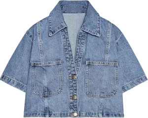 Gacaky Women's Cropped Denim Jackets Fashion Short Sleeve Lapel Button Down Trucker Jean Jackets Coats 2025 Outfits Clothes