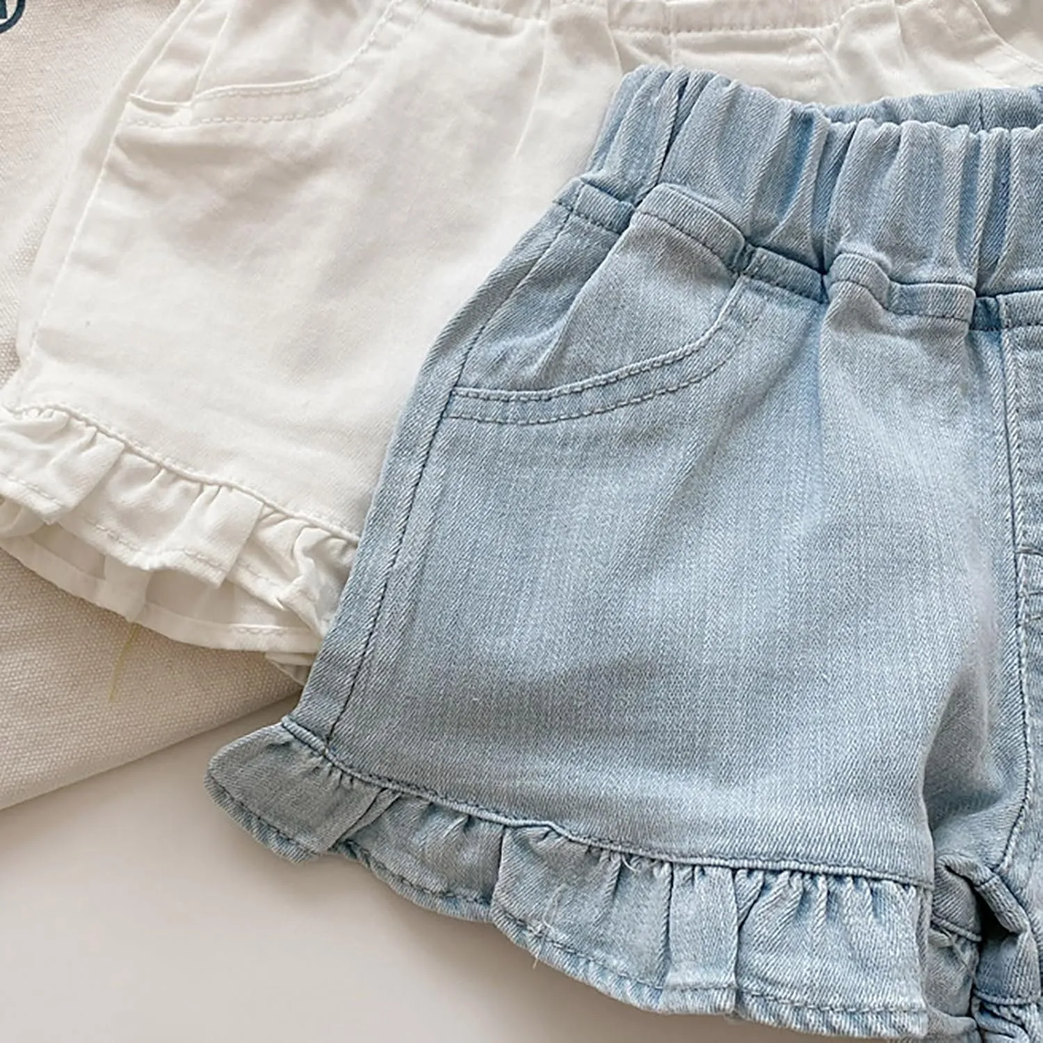 Girls Denim Shorts Summer Elastic Waist Wash Denim Flared Short Pants Causal Ruffle Jean Shorts with Pockets