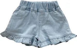 Girls Denim Shorts Summer Elastic Waist Wash Denim Flared Short Pants Causal Ruffle Jean Shorts with Pockets
