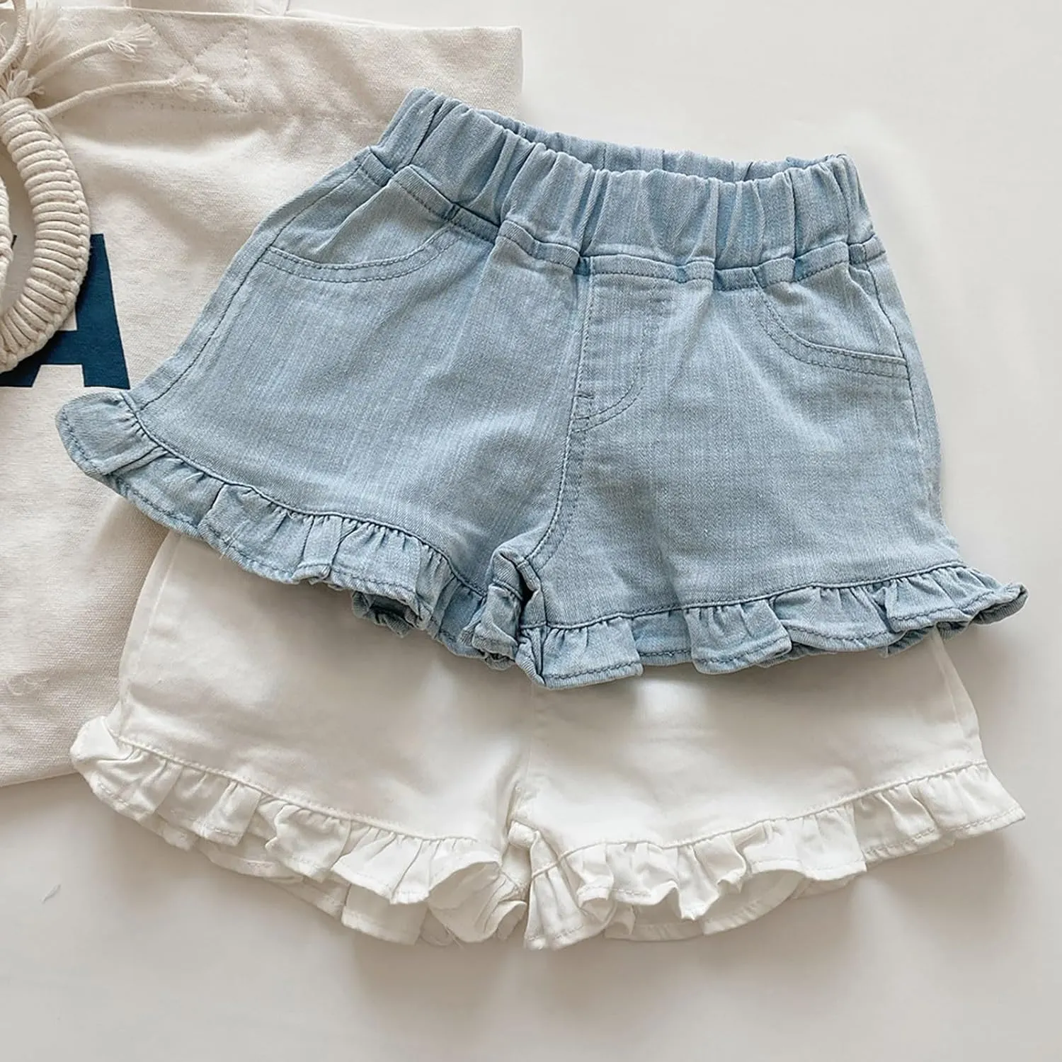 Girls Denim Shorts Summer Elastic Waist Wash Denim Flared Short Pants Causal Ruffle Jean Shorts with Pockets