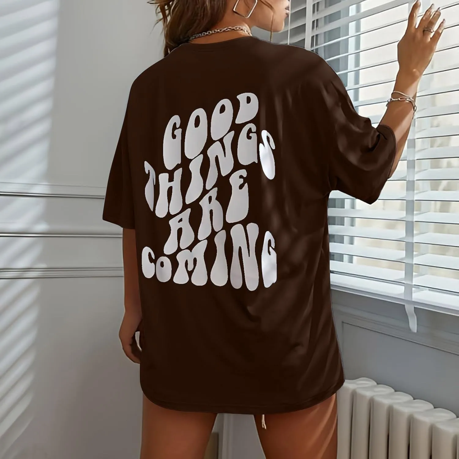 GOKKILRW Women Graphic T Shirts Good Things are Coming Letter Back Print Basic Tees Short Sleeve Crewneck Summer Casual Tops