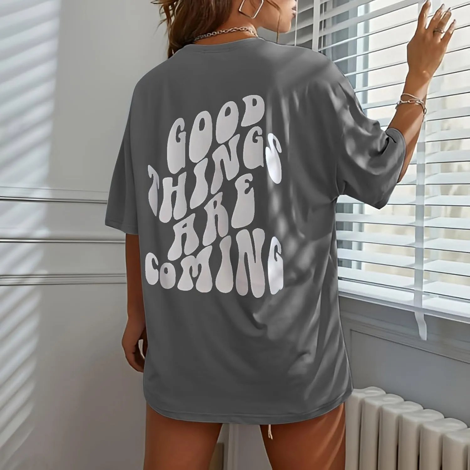 GOKKILRW Women Graphic T Shirts Good Things are Coming Letter Back Print Basic Tees Short Sleeve Crewneck Summer Casual Tops