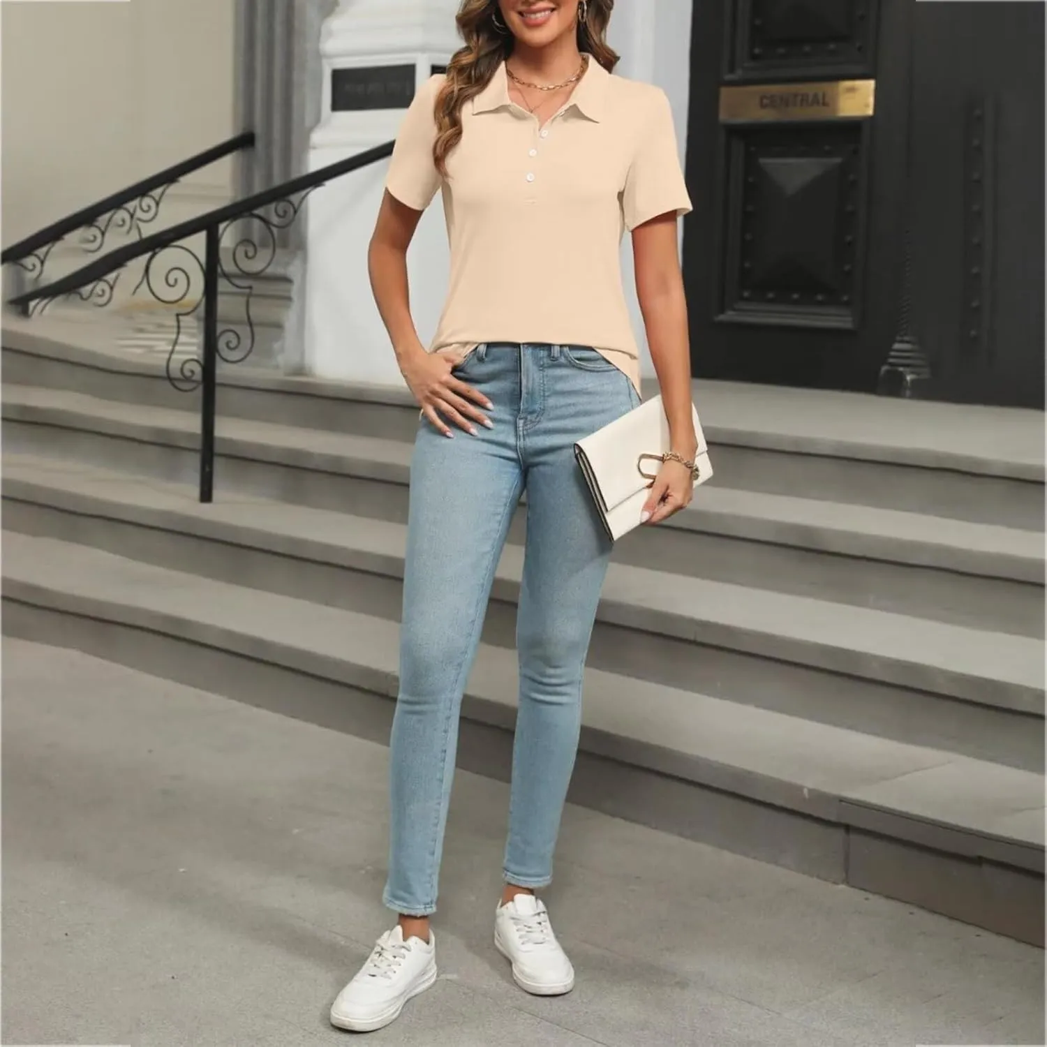 GOKKILRW Womens Polo Shirts Short Sleeve Button Up Solid Color Slim Fit Golf Sport T Shirts Casual Dressy Basic Blouses Tops