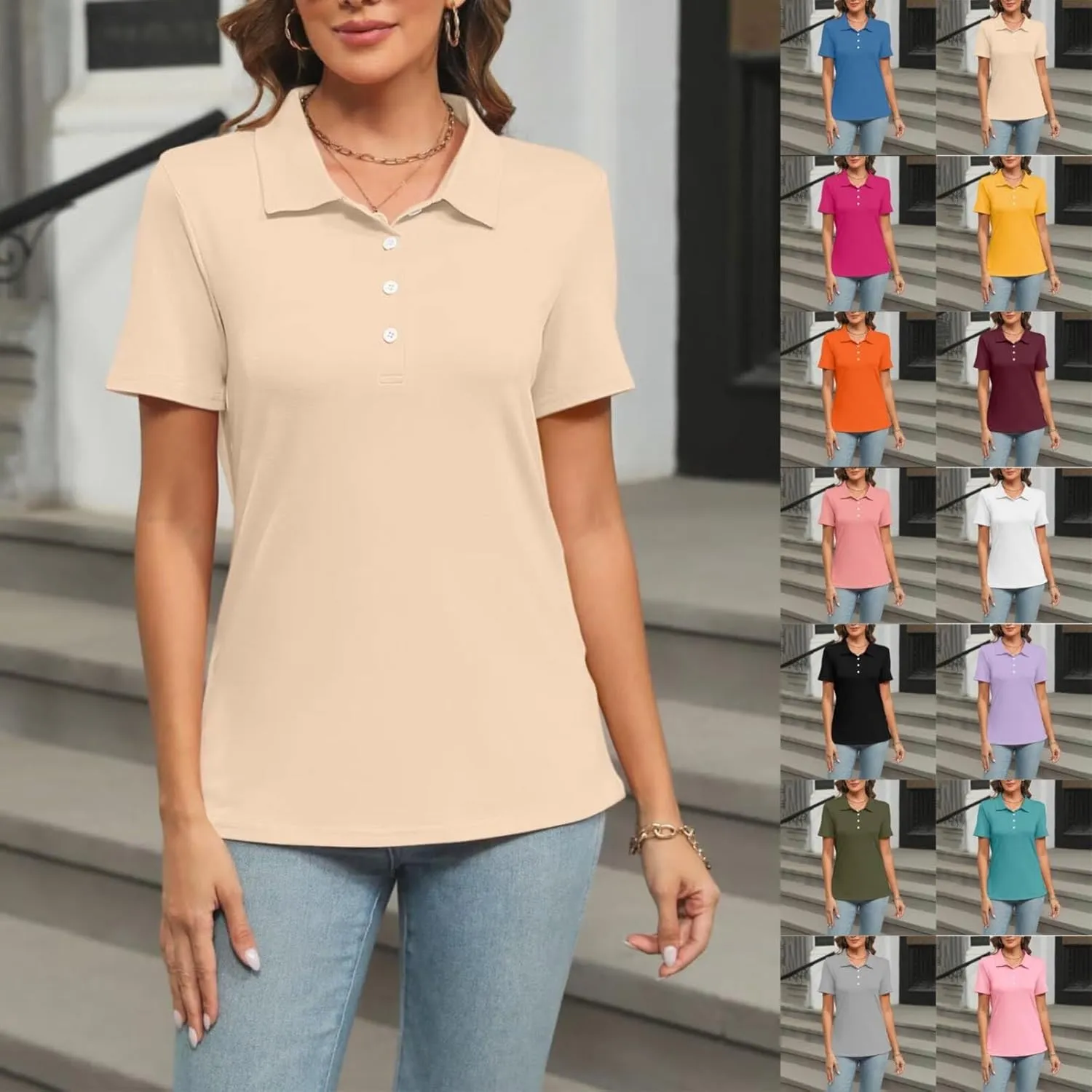 GOKKILRW Womens Polo Shirts Short Sleeve Button Up Solid Color Slim Fit Golf Sport T Shirts Casual Dressy Basic Blouses Tops