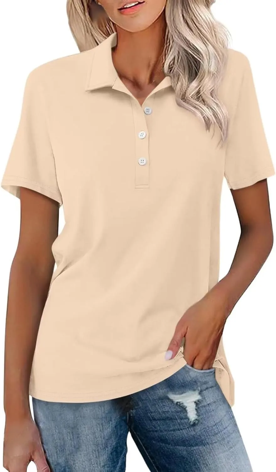 GOKKILRW Womens Polo Shirts Short Sleeve Button Up Solid Color Slim Fit Golf Sport T Shirts Casual Dressy Basic Blouses Tops