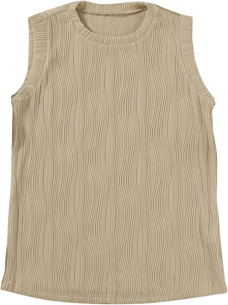 GOKKILRW Womens Sleeveless T Shirts Casual Summer High Crewneck Textured Slim Fit Strertchy Tank Tops Dressy Work Tunic Tops