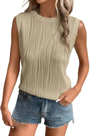 GOKKILRW Womens Sleeveless T Shirts Casual Summer High Crewneck Textured Slim Fit Strertchy Tank Tops Dressy Work Tunic Tops