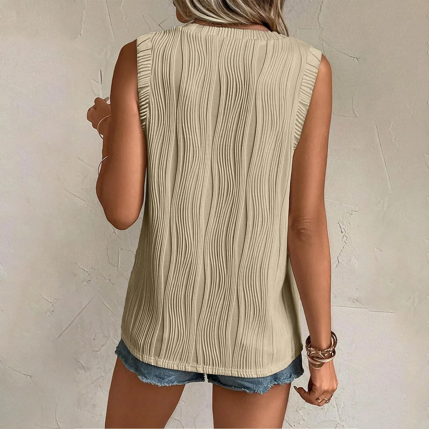 GOKKILRW Womens Sleeveless T Shirts Casual Summer High Crewneck Textured Slim Fit Strertchy Tank Tops Dressy Work Tunic Tops