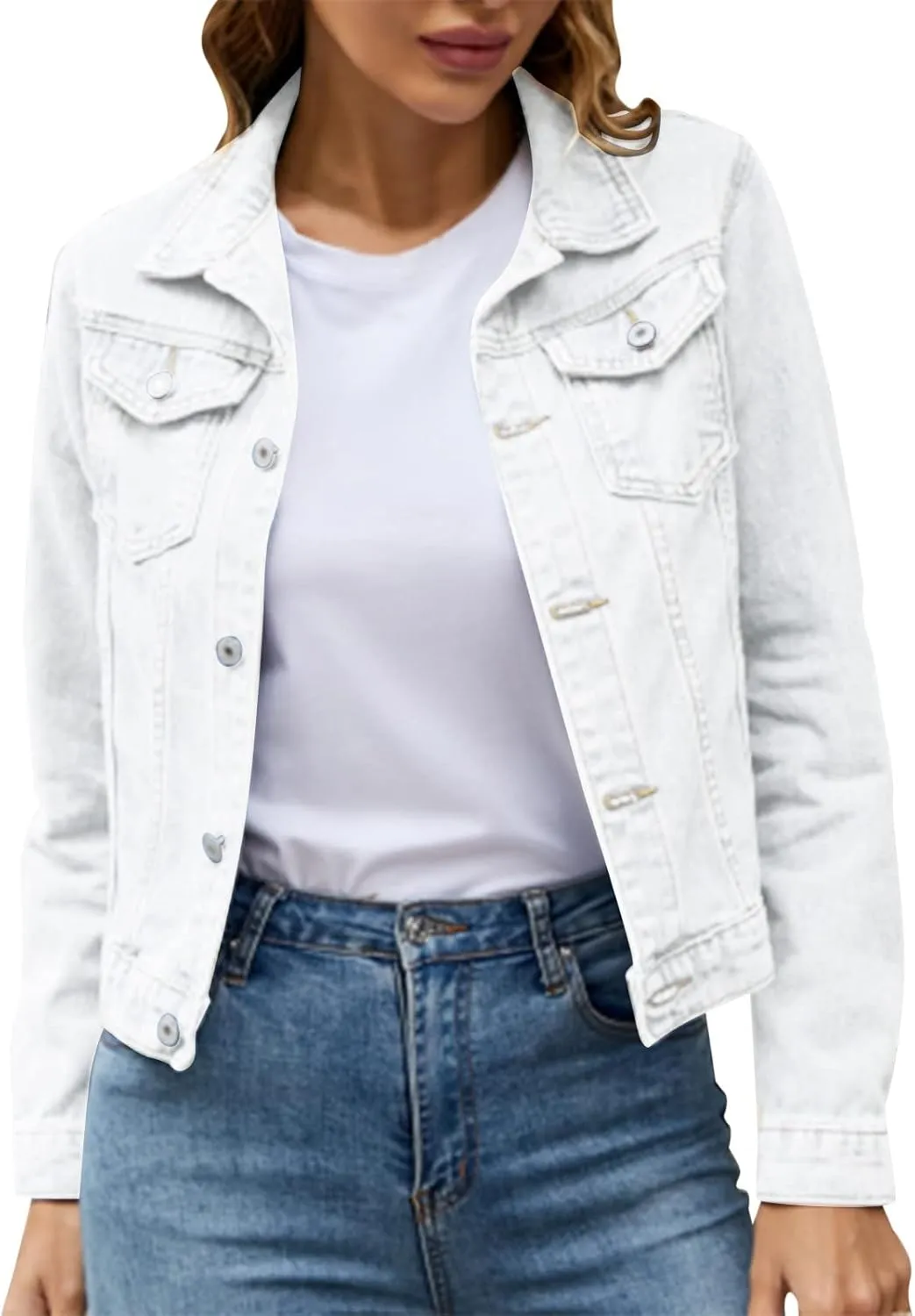 GOKKILRW Womens Slim Fit Cropped Denim Jackets Stretchy Long Sleeve Button Down Boyfriend Distresse Short Jean Trucker Jacket