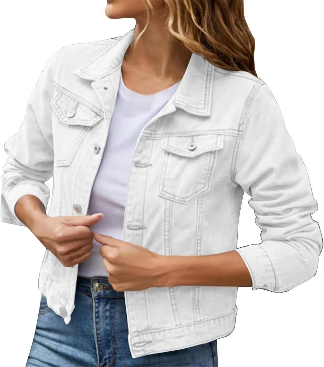 GOKKILRW Womens Slim Fit Cropped Denim Jackets Stretchy Long Sleeve Button Down Boyfriend Distresse Short Jean Trucker Jacket
