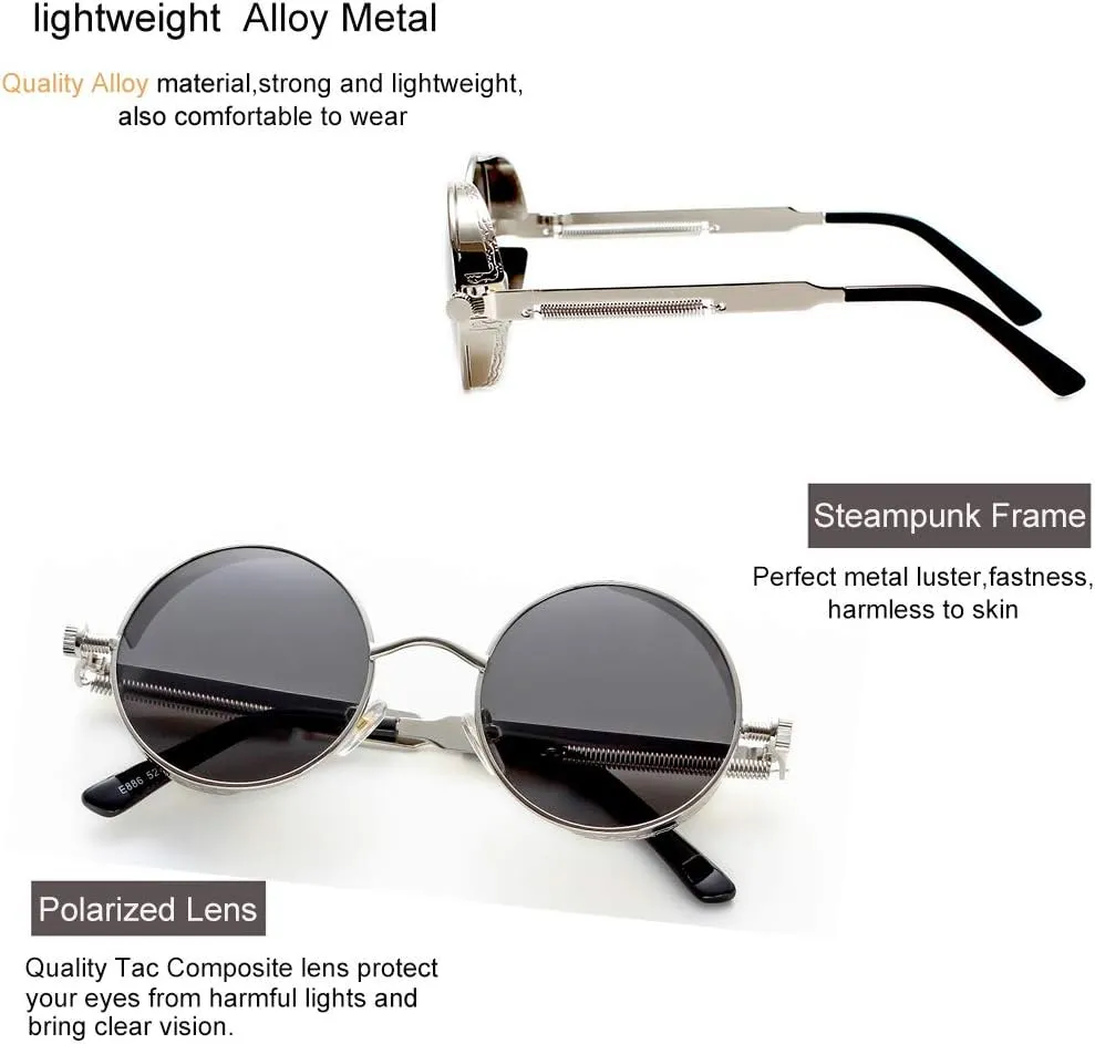 GY snail Gothic Polarized Sunglasses for Men, Round Metal Frame, Retro Steampunk Sun Glasses Women