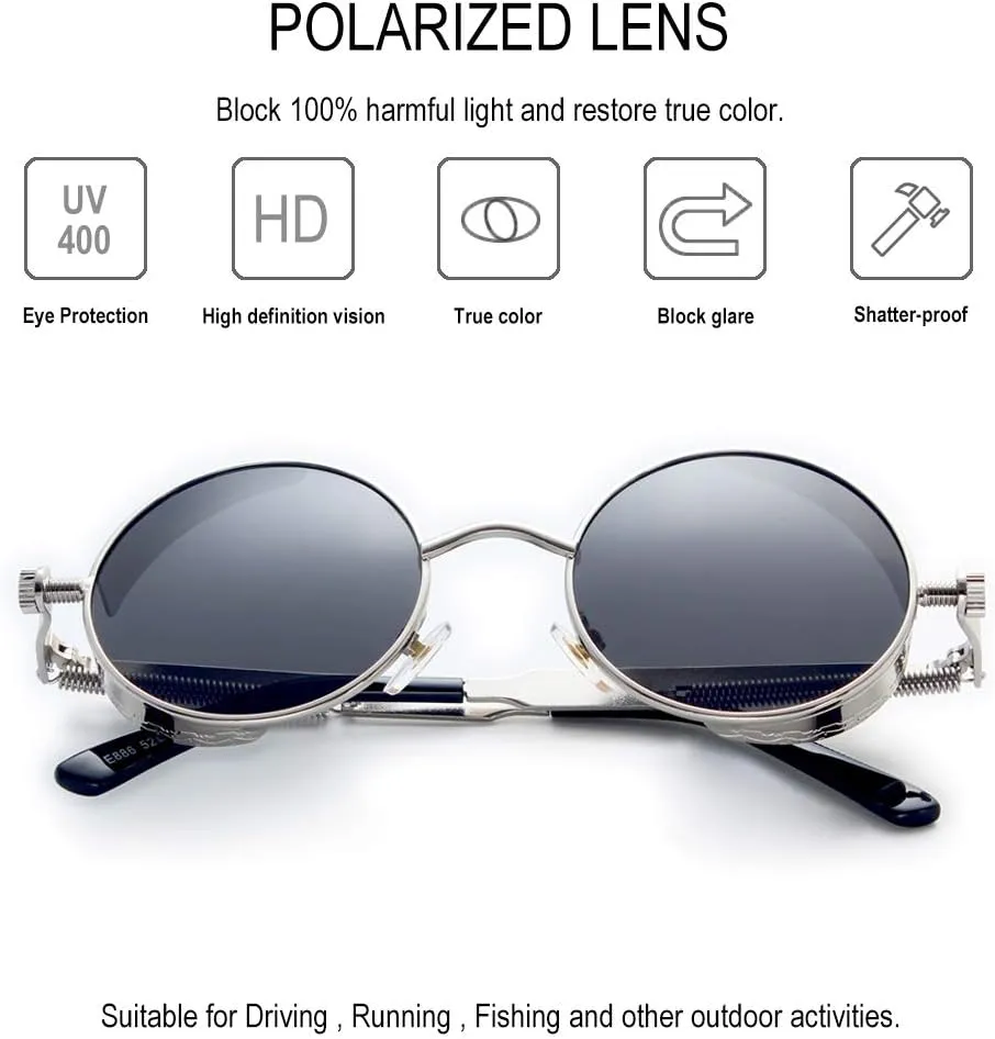 GY snail Gothic Polarized Sunglasses for Men, Round Metal Frame, Retro Steampunk Sun Glasses Women