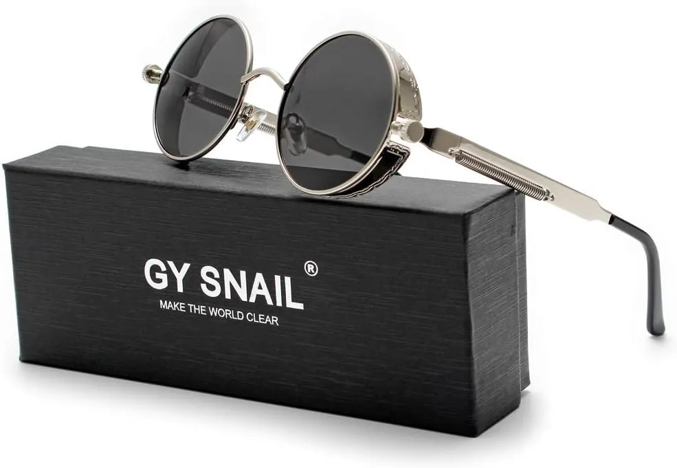 GY snail Gothic Polarized Sunglasses for Men, Round Metal Frame, Retro Steampunk Sun Glasses Women