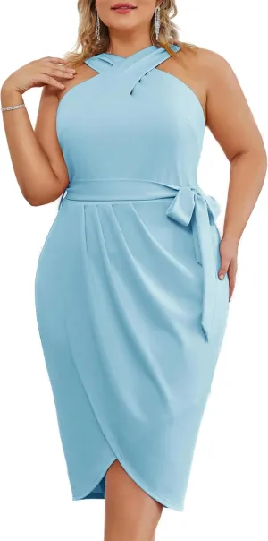 Hanna Nikole Plus Size Dresses for Curvy Women Halterneck Sleeveless Wrap Front Ruched Bodycon Dress Party Dress