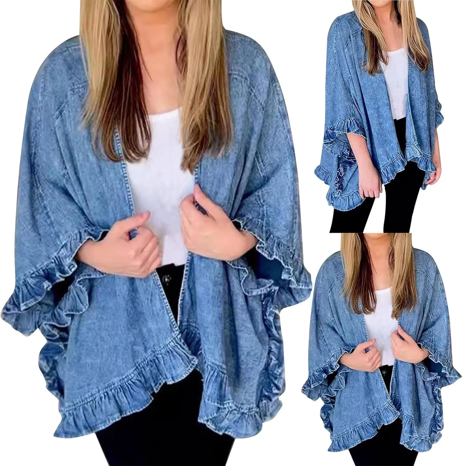 HGps8w Denim Jackets for Women Chic Ruffle Batwing Open Front Cardigans Casual Outerwear Jackets