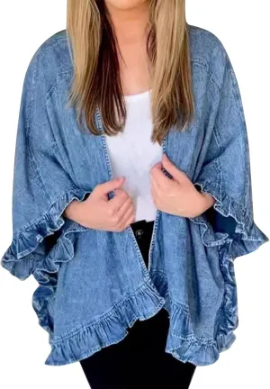 HGps8w Denim Jackets for Women Chic Ruffle Batwing Open Front Cardigans Casual Outerwear Jackets