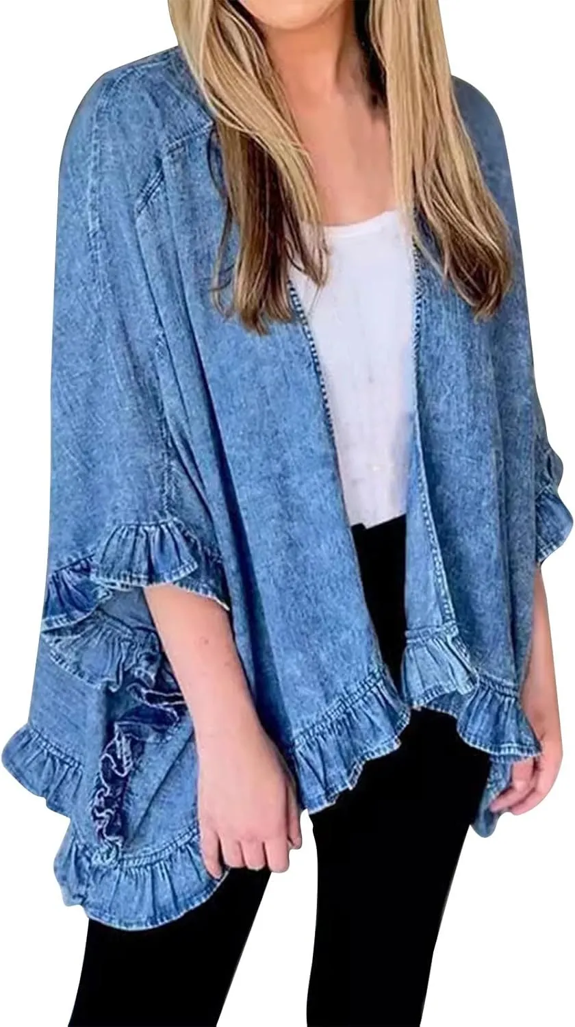 HGps8w Denim Jackets for Women Chic Ruffle Batwing Open Front Cardigans Casual Outerwear Jackets
