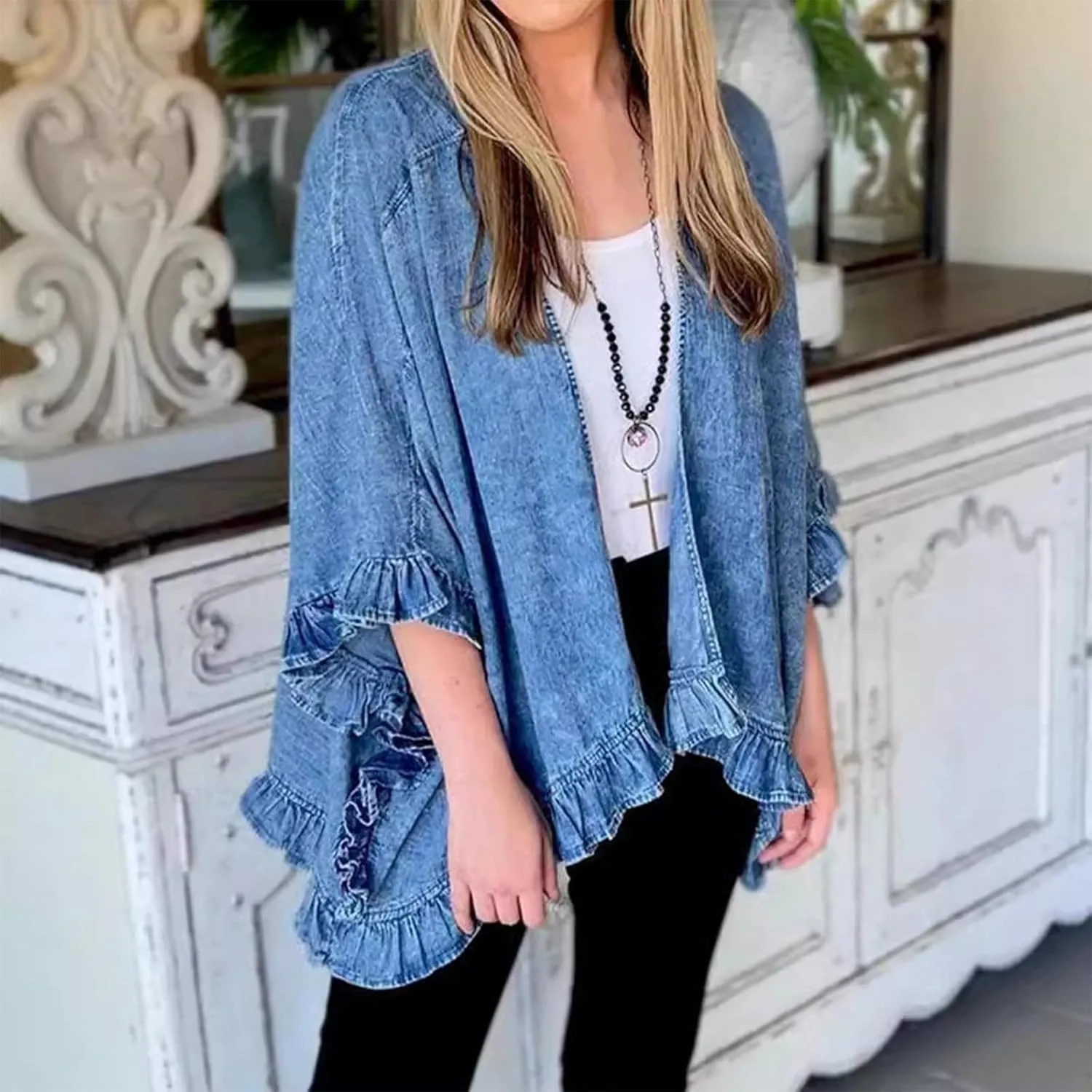 HGps8w Denim Jackets for Women Chic Ruffle Batwing Open Front Cardigans Casual Outerwear Jackets