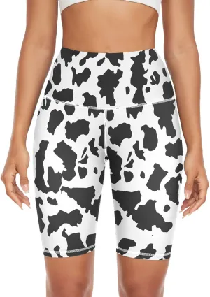 High Waist Yoga Shorts Cow Print for Women Athletic Shorts Leggings with Hidden Pockets