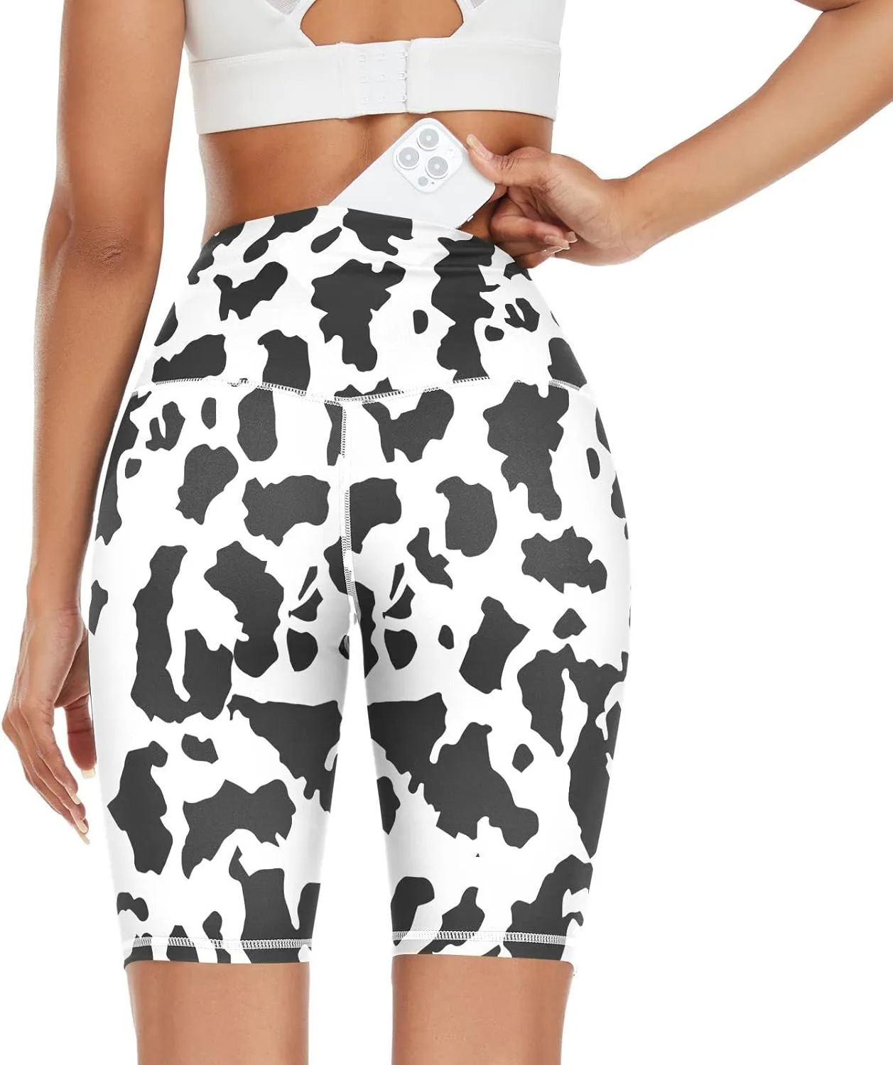 High Waist Yoga Shorts Cow Print for Women Athletic Shorts Leggings with Hidden Pockets