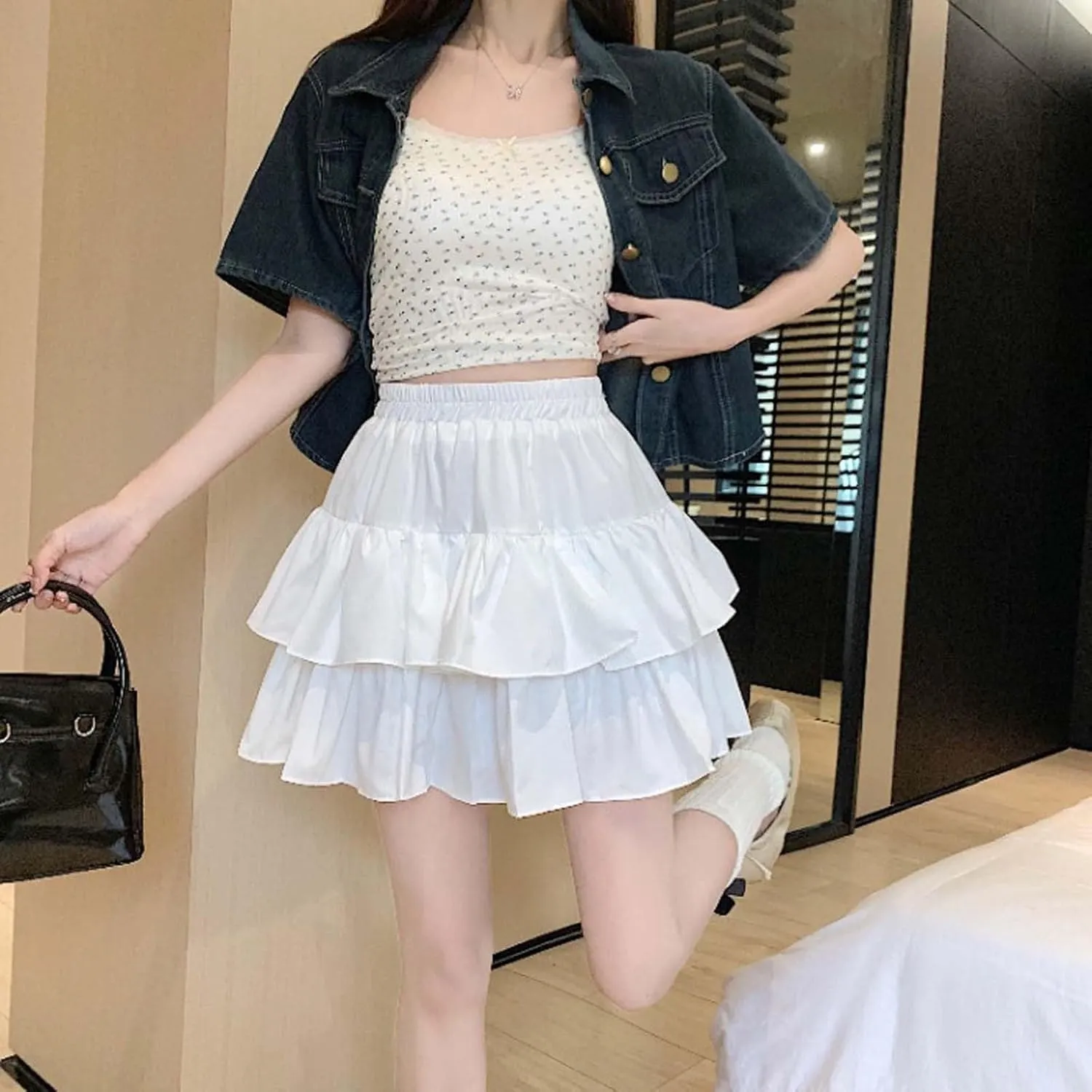 High Waisted Skirts for Women Trendy Y2K Cute Double Ruffle Hem High Elastic Waist Loose A-Line Pleated Mini Skirts